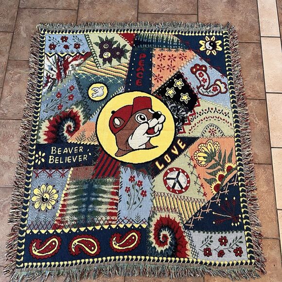Buc-ee’s Beaver Believer Peace Love Colorful Woven Tapestry Throw Blanket 61x53” - Picture 1 of 16